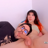 Horny guy gives blowjob to shemale big cock